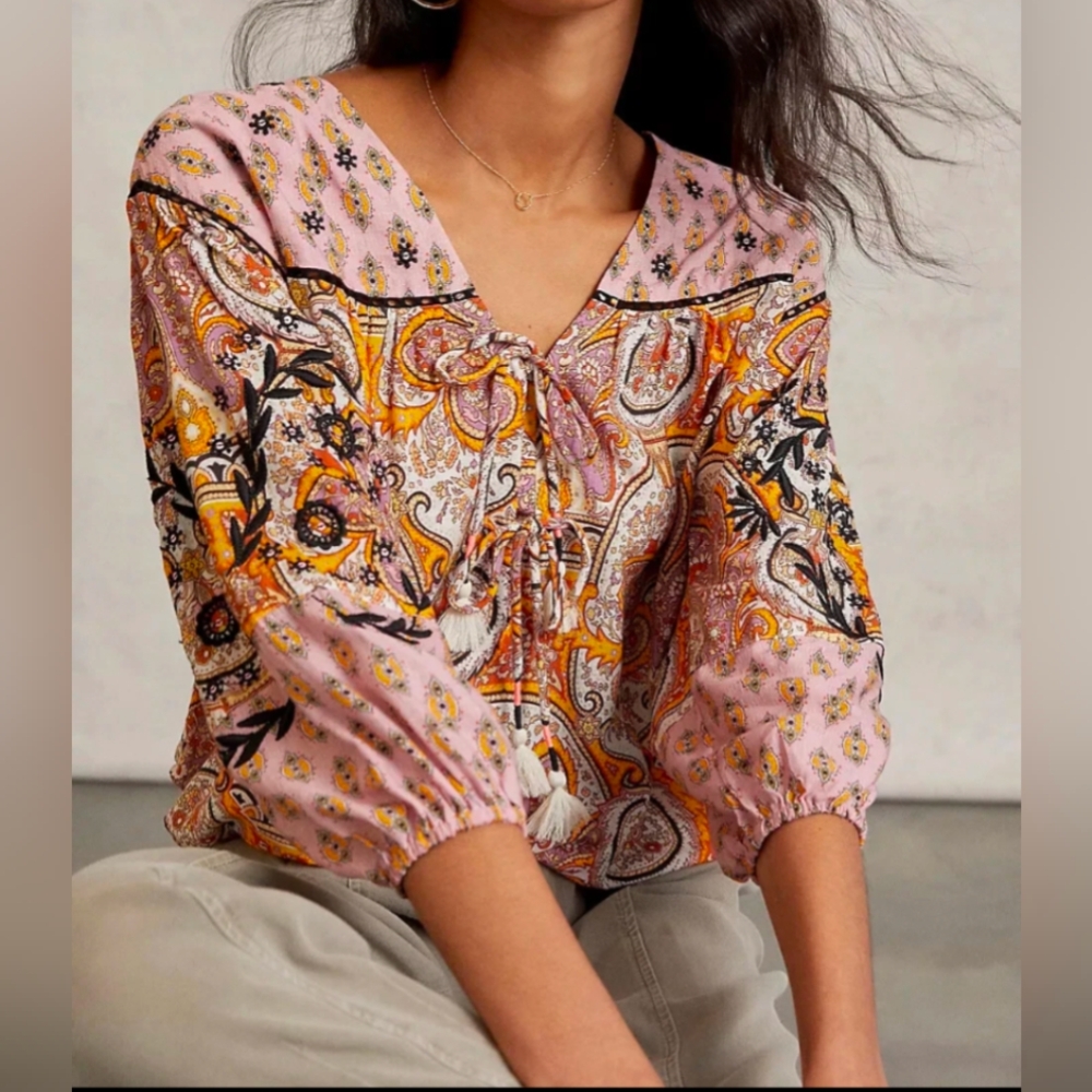 Anthropologie Kayleigh tassled top peasant Blouse, Size Small